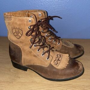 Vintage Ariat Lace Up Roper Boots Two Tone Leather Size 5.5 Womens Western Boots